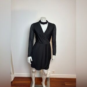 GUESS - Black Choker-neck striped dress with sheer sleeves and V-neck. 10